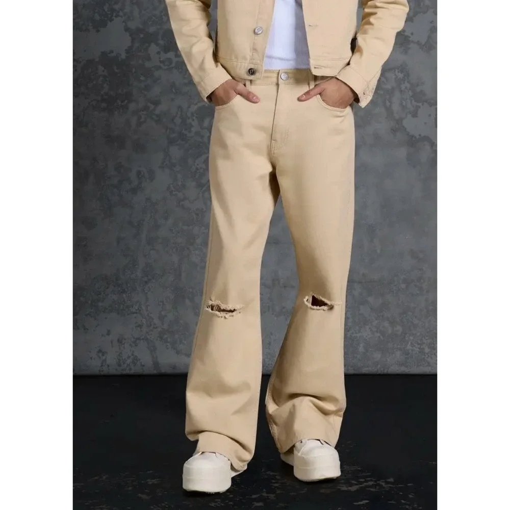 Bohooman x Gunna Slim Fit Flare Stacked Jeans Ripped Knee Tan Mens 32x33